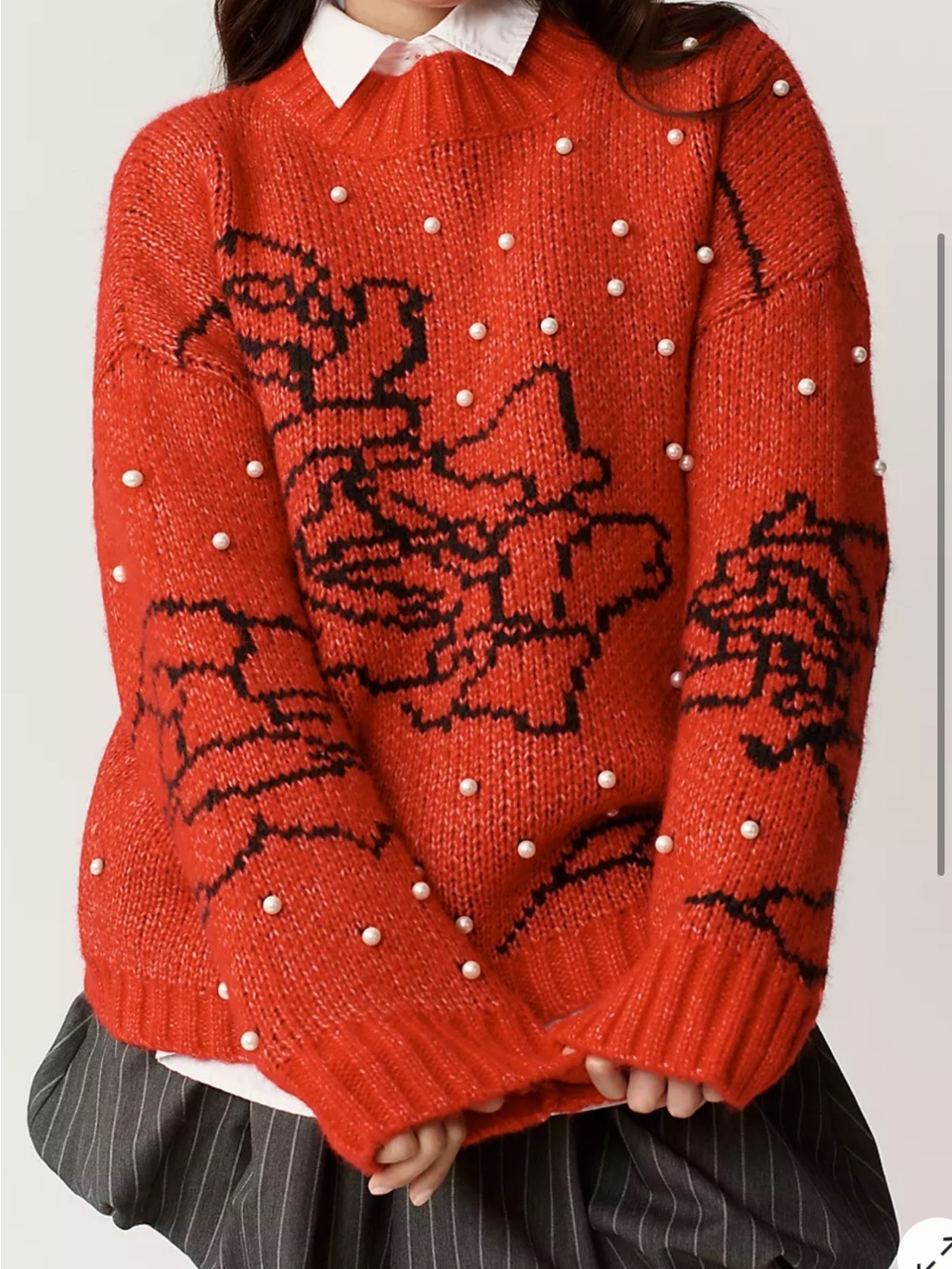 Pearl-Embellished Rose Intarsia Sweater - Red